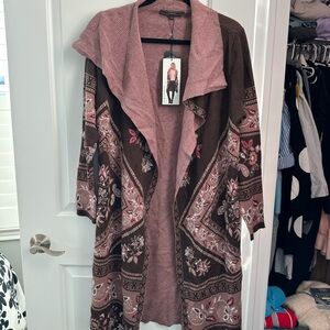 Elegant Pink and Brown Open Front Cardigan